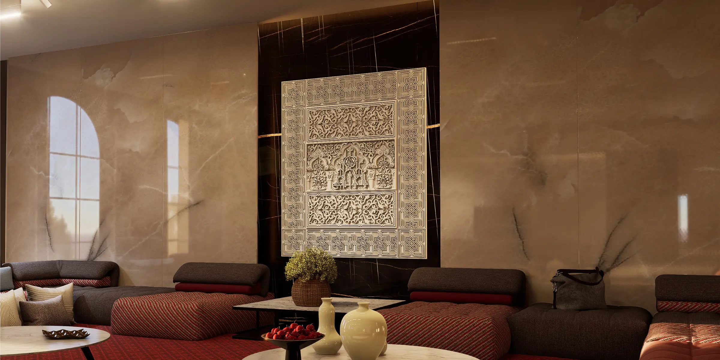 Alhambra palace Islamic wall sculpture in white color