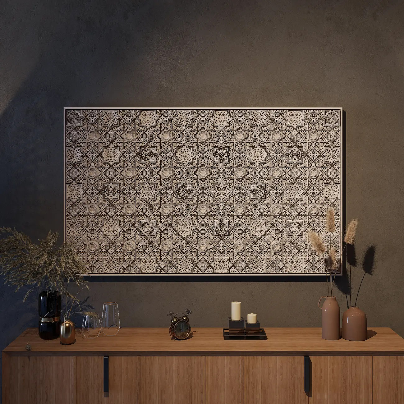 sculpture above tv cabinet